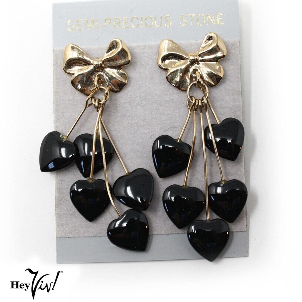 Vintage 1980s Dangle Black Heart Earrings on Card New/Old Store Stock - Hey Viv